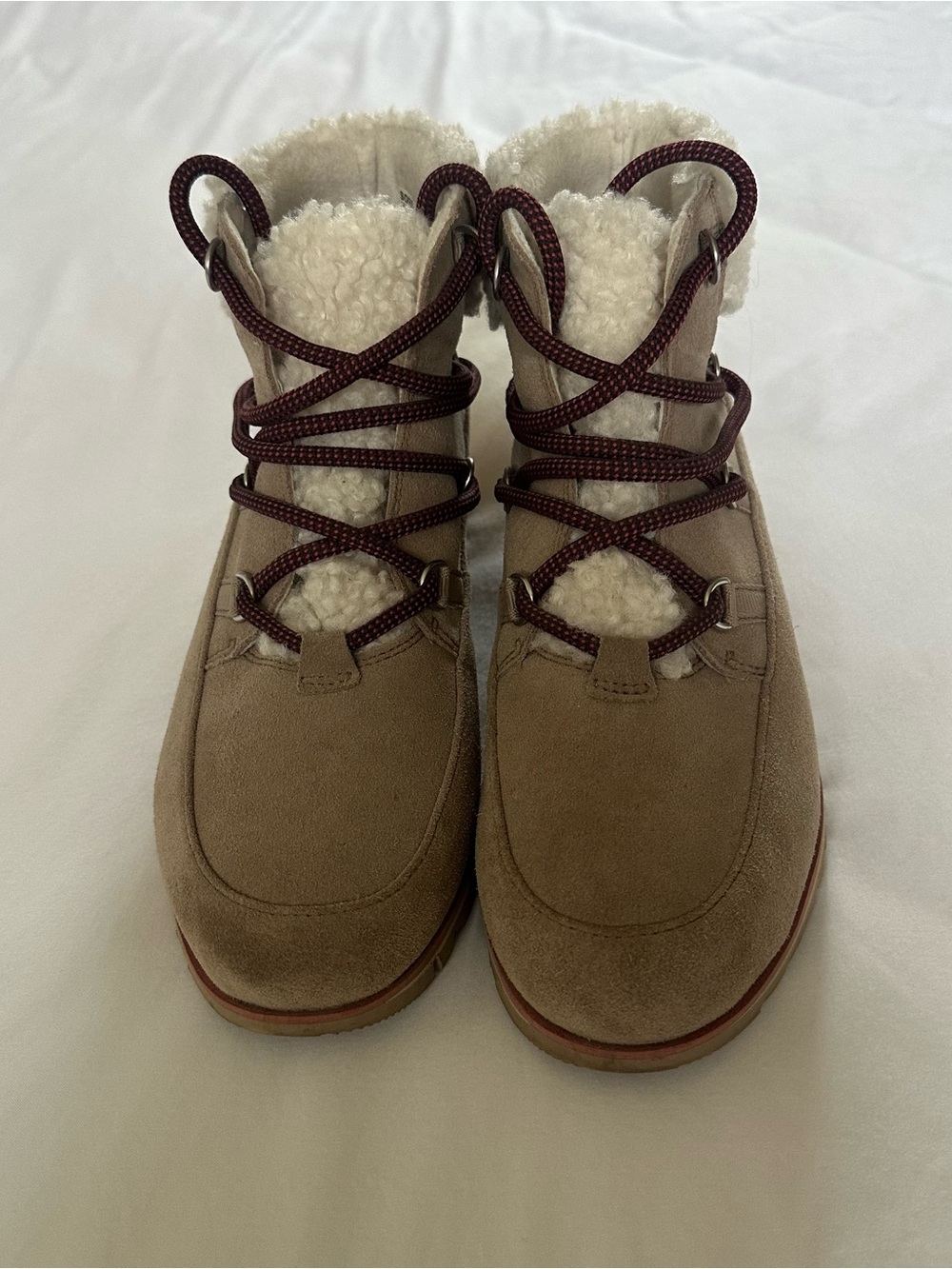 Sorel Taupe Suede Shearling Lace-Up Winter Boots with Burgundy Laces